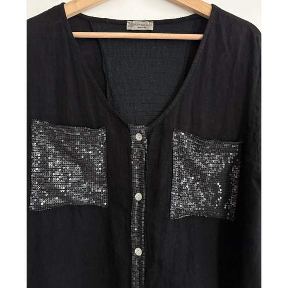 Black Linen Sequin Button Front Tunic Shirt Relaxed Sparkle Festive Goth Glam - Picture 3 of 10